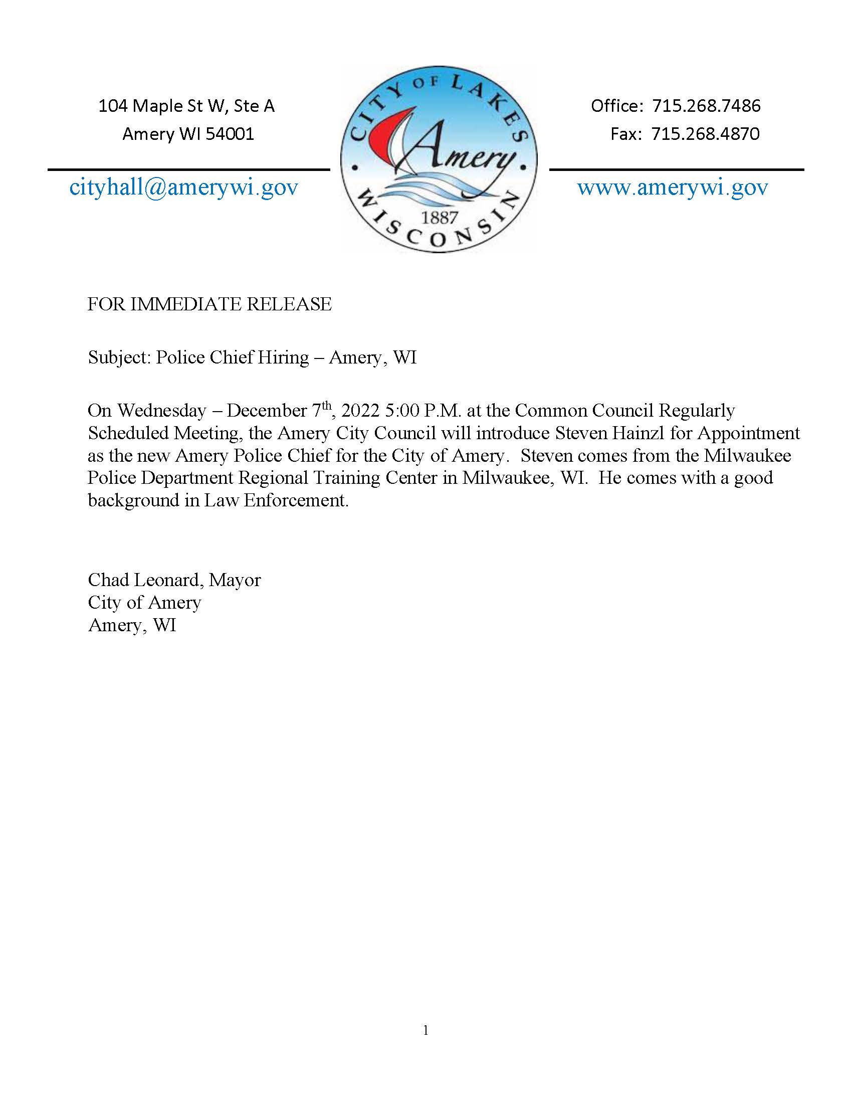 22-12-05 - December 5 2022 Press Release for Steven Hainzl Hiring